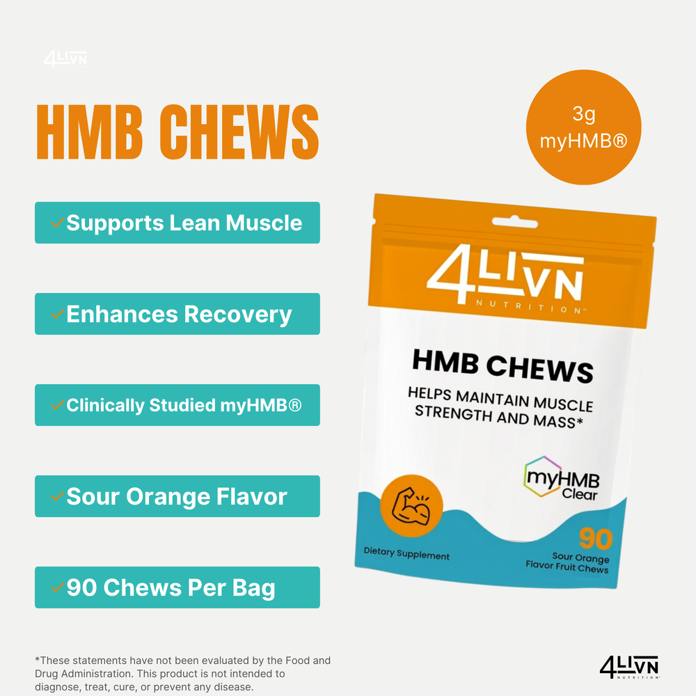 4LIVN HMB Fruit Chews pouch, front, 90 count, sour orange flavor